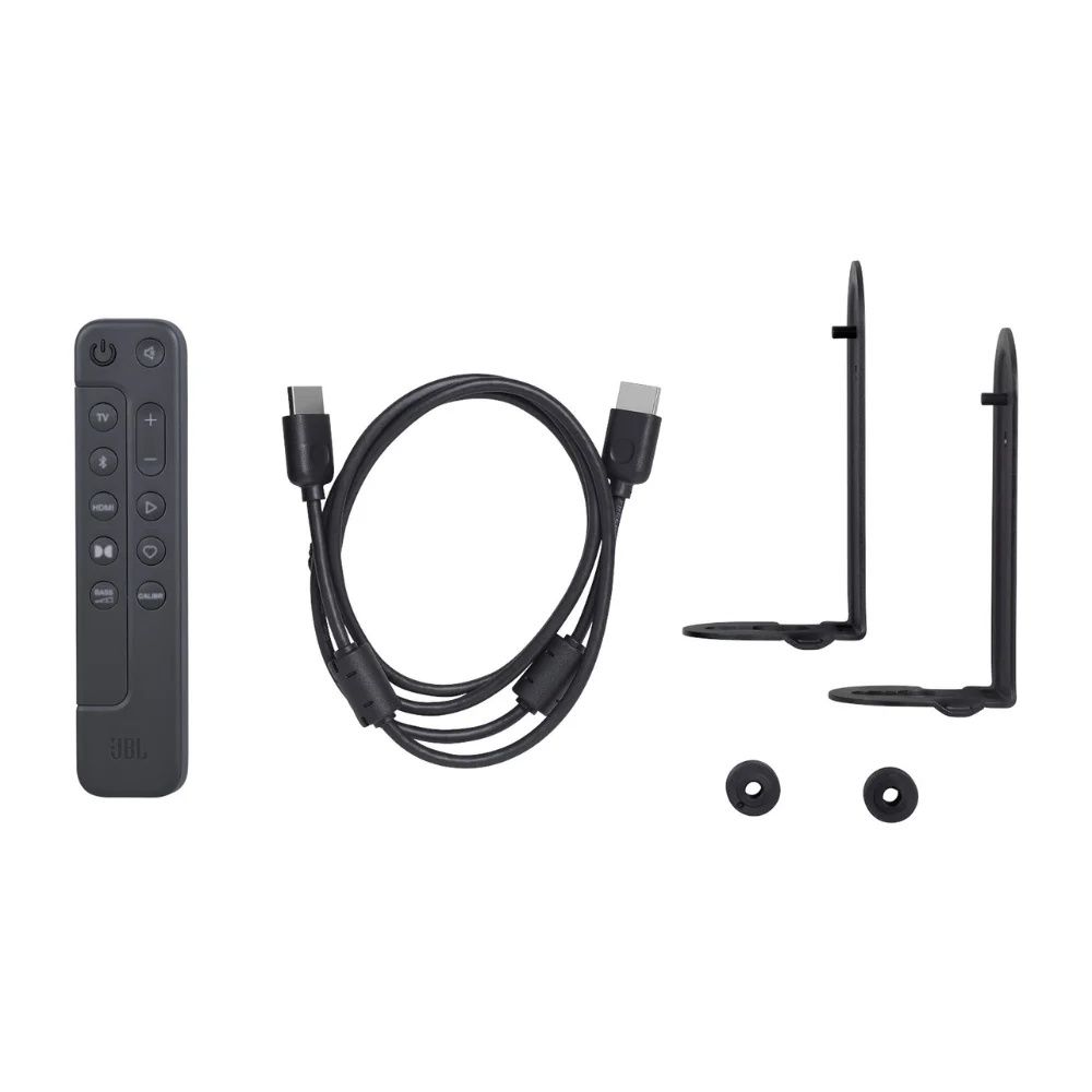 תכולת הערכה המלאה של JBL Bar 500 כולל אביזרי תלייה ושלט