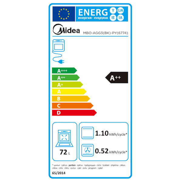 תווית דירוג אנרגטי אירופאי A++ עבור תנור MIDEA דגם MBO-AGG3(BK)-PY המציגה חסכון מרבי בחשמל