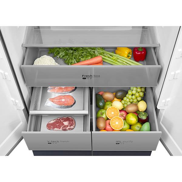 מבט פנימי מקרר Midea 4 דלתות 515 ליטר סידור פנימי חכם