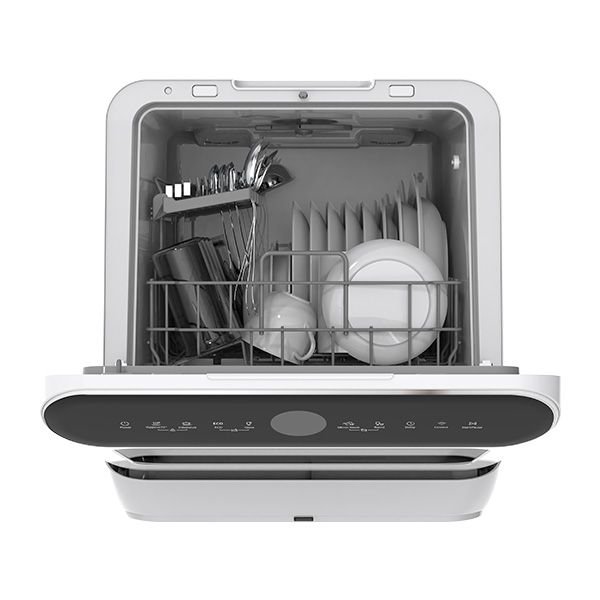 מדיח כלים מיני MIDEA MDWMT030S W W IL במצב פתוח עם כלים