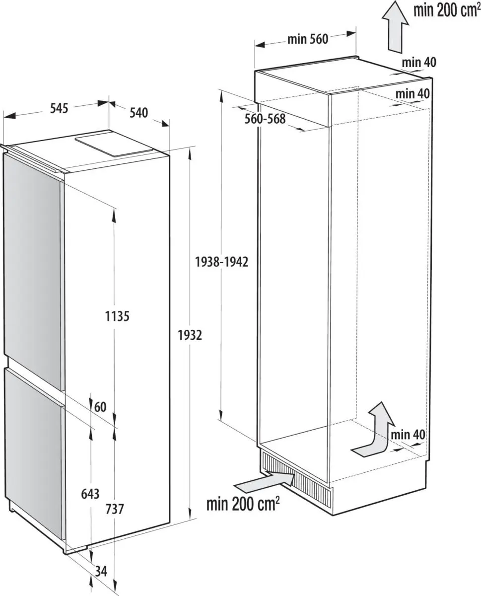 Gorenje NRKI519E41 תרשים מידות תרשים מידות Gorenje NRKI519E41 להתקנת מקרר אינטגרלי