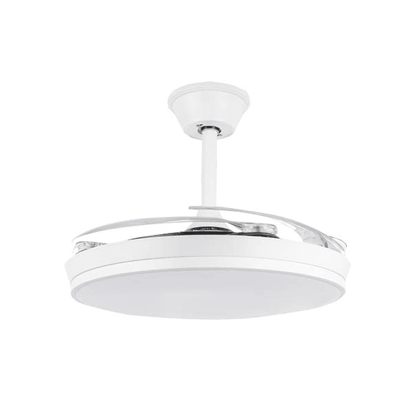 NORTHER DAISY NT-DAI42-W-L מצב כנפיים מקופלות מאוורר תקרה NORTHER DAISY NT-DAI42-W-L במצב מקופל עם גוף לבן ותאורת LED
