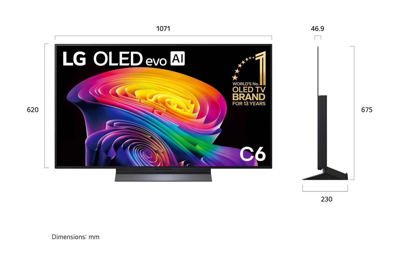 LG OLED48C66LA מידות כולל מעמד וללא מעמד תרשים מידות טלוויזיה LG OLED48C66LA כולל מעמד וללא מעמד