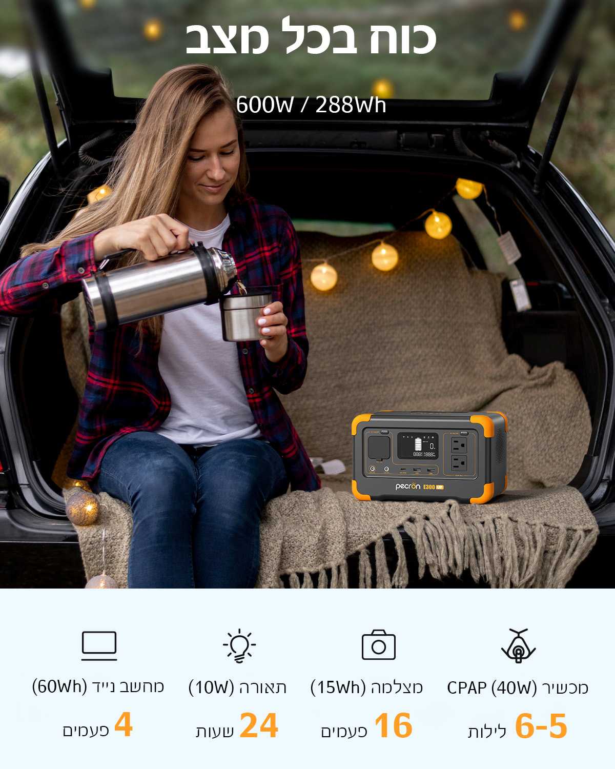PECRON E300LFP פתרון גיבוי נייד לעבודה מהבית ולטיולים תחנת כוח ניידת PECRON E300LFP לשימוש בבית במשרד ובשטח