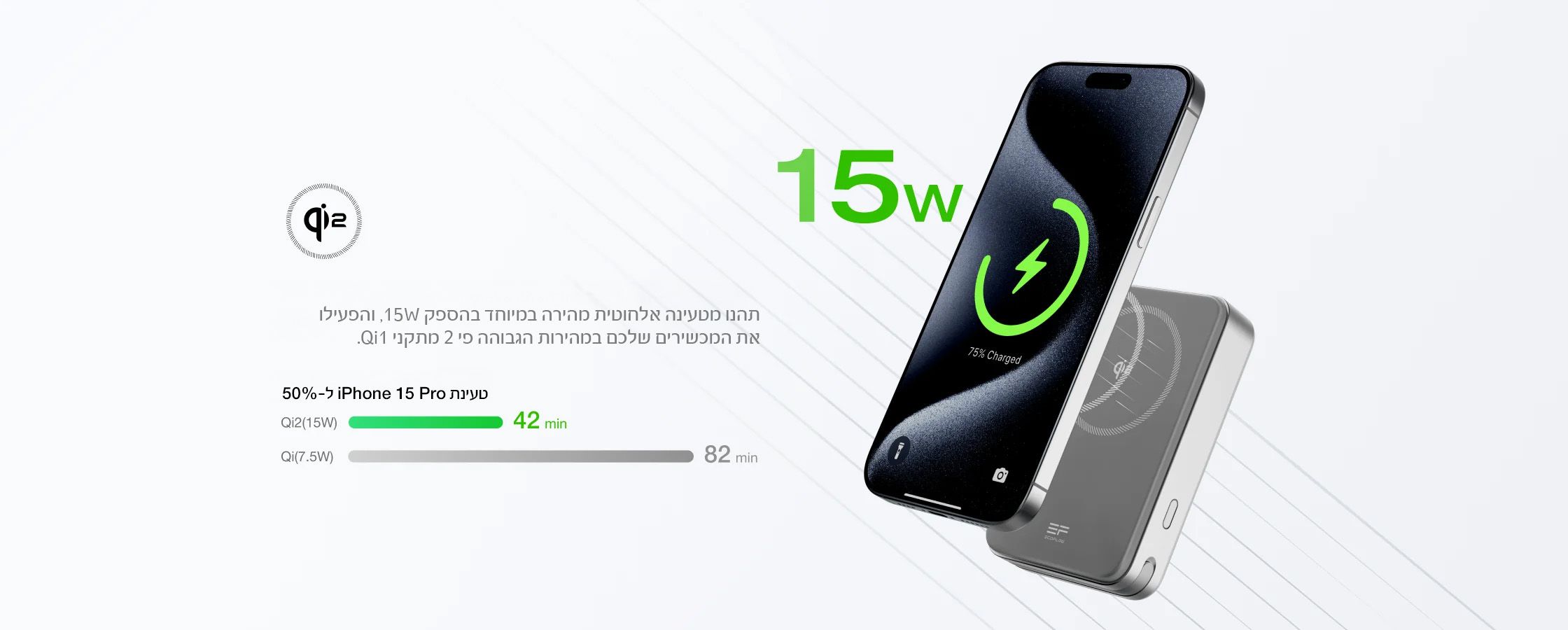 EcoFlow RAPID – טעינה אלחוטית Qi2 מגנטית לאייפון EcoFlow RAPID מוצמד מגנטית לאייפון לטעינה אלחוטית בתקן Qi2