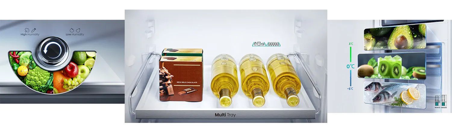 מגירת BIG BOX במקרר Hisense - תמונה של מגירה גדולה במיוחד המכילה מוצרים גדולים כמו בקבוקים ומגשי פיצה