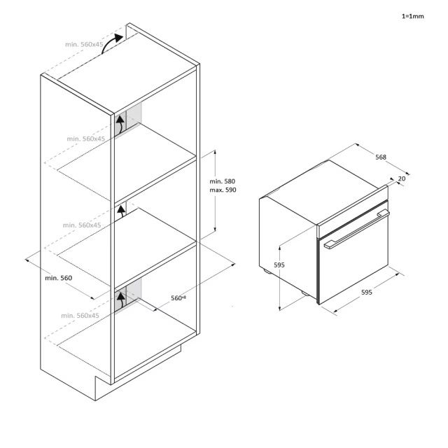 RO6M5TB3YTB – תרשים התקנה מפורט לנישה במטבח ROSIÈRES RO6M5TB3YTB – תרשים התקנה ומידות לנישה 60×56.8×56 ס״מ