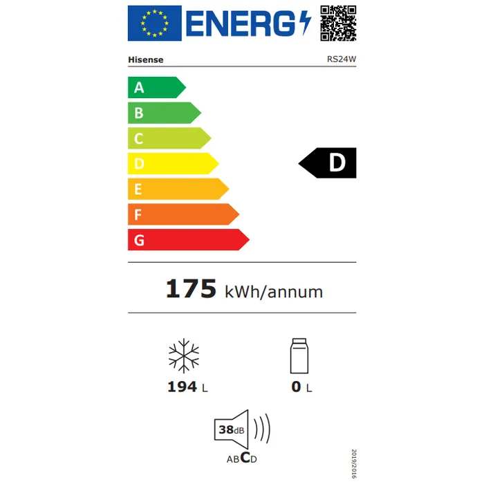תווית דירוג אנרגטי D למקפיא Hisense RS24W