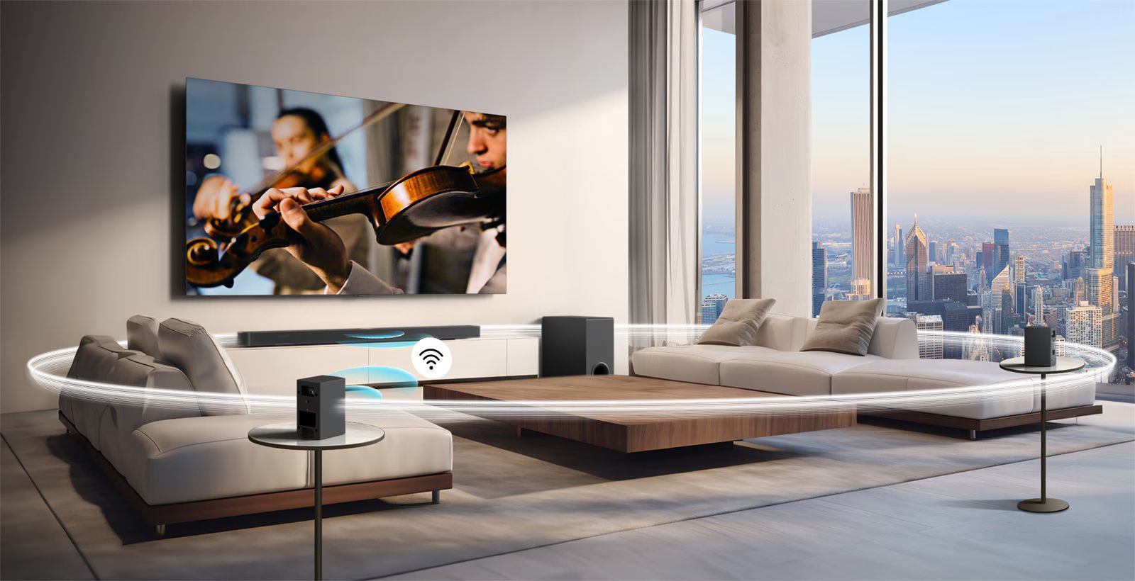מערכת LG Soundbar עם רמקולים אחוריים LG SPT8-S בסלון מודרני