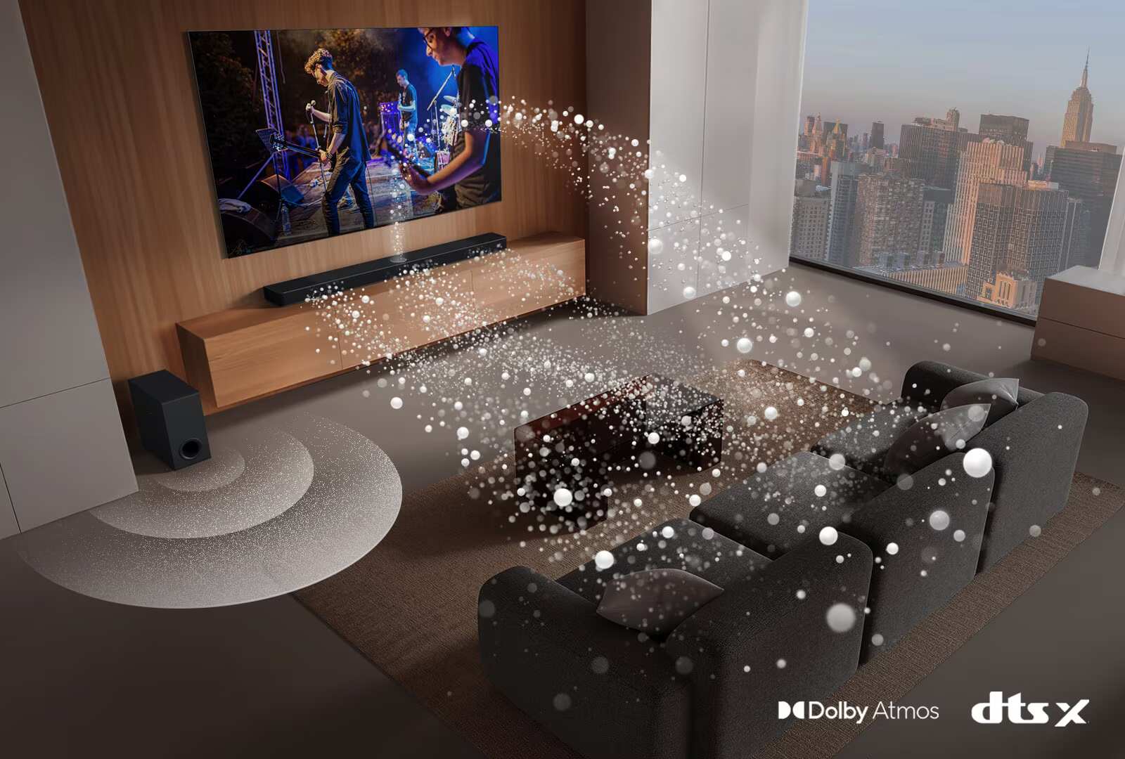 הדמיית סאונד היקפי Dolby Atmos 3.1.1 במקרן קול LG SQ70TY