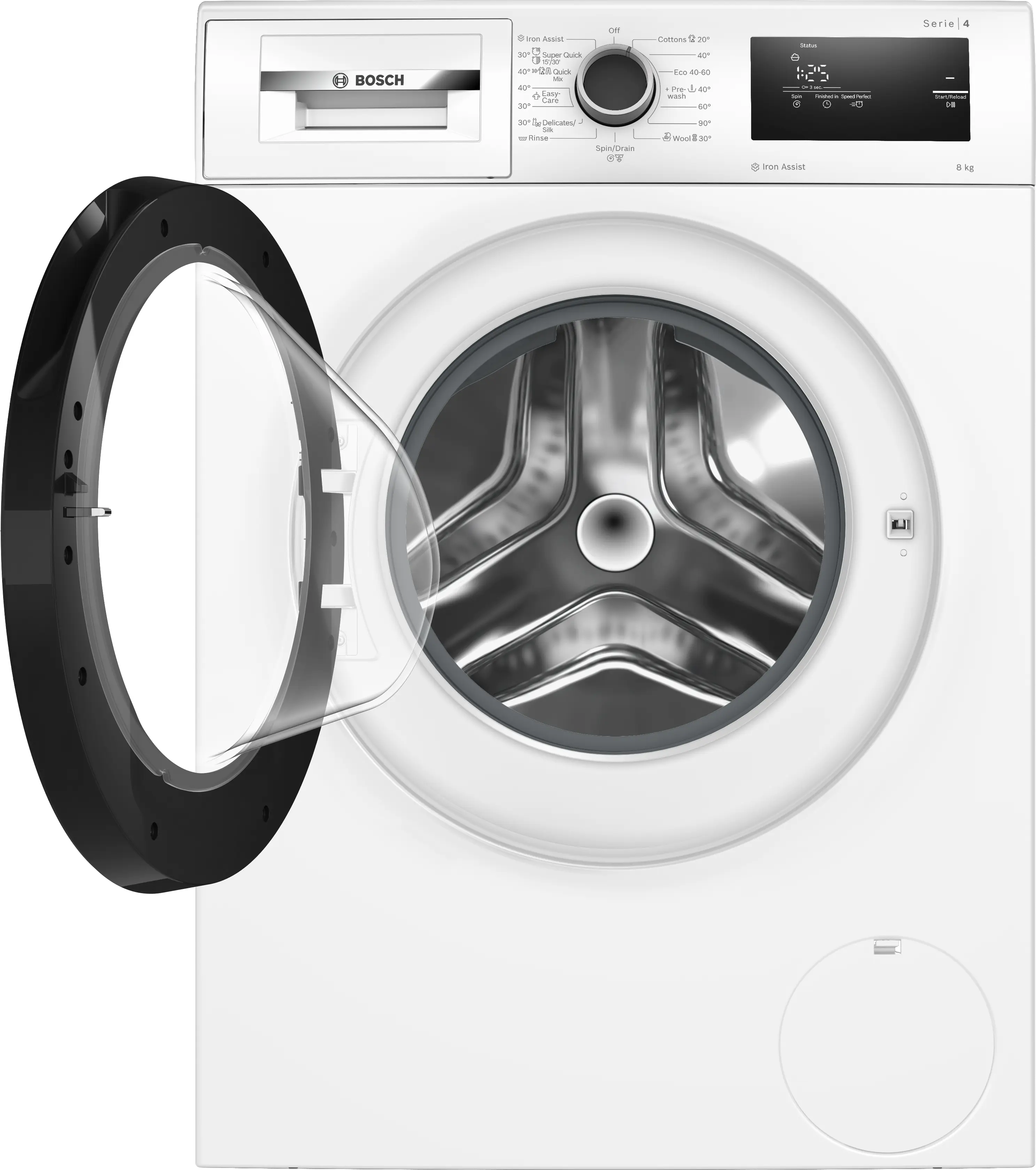 מכונת כביסה Bosch WAN2806NBY עם דלת פתוחה ותוף מרווח