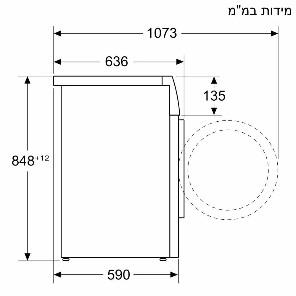 מבט צידי על מידות המכונה שרטוט מידות מפורט של מכונת כביסה בוש WGG24200IL