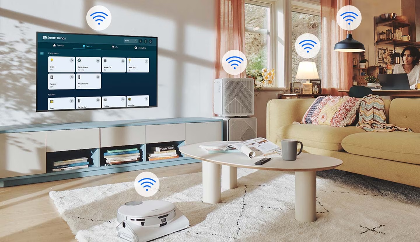 טלוויזיה חכמה UE75CU7100 SmartThings העוזר הביתי הטוב ביותר שלכם הירגעו ותנו ל-SmartThings להתחבר בקלות לכל המכשירים החכמים שלכם לנטר אותם ולשלוט בהם כדי לנהל באופן אינטואיטיבי את הבית שלכם באמצעות מרכזת מובנית.
